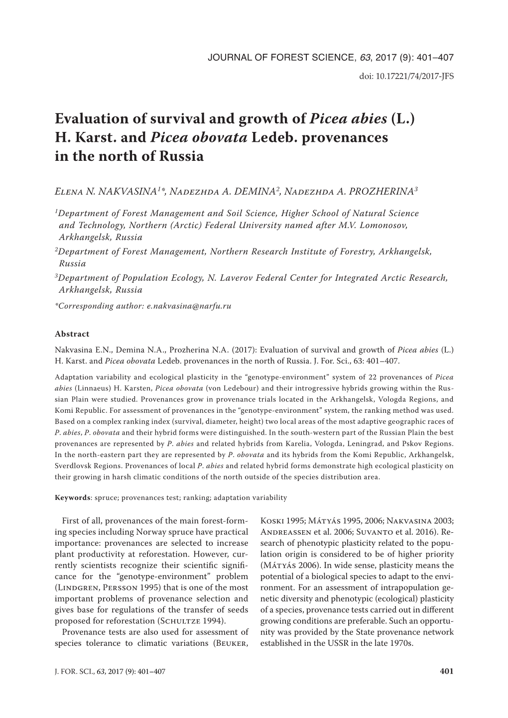 H. Karst. and Picea Obovata Ledeb. Provenances in the North of Russia