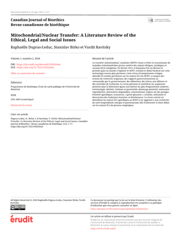 Mitochondrial/Nuclear Transfer: a Literature Review of the Ethical, Legal and Social Issues Raphaëlle Dupras-Leduc, Stanislav Birko Et Vardit Ravitsky