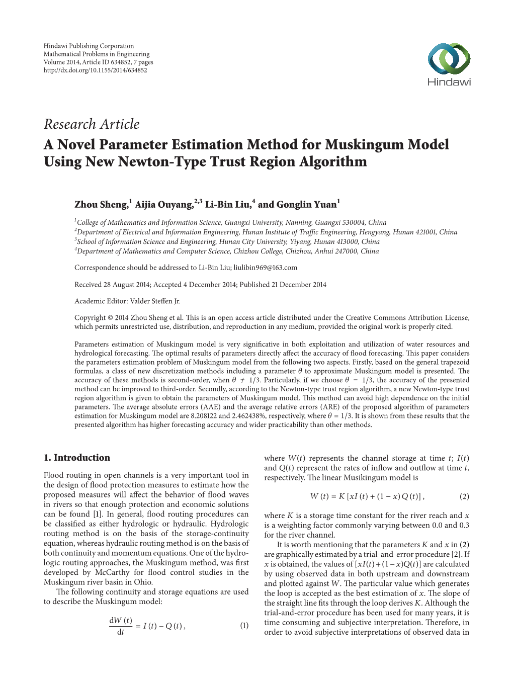 A Novel Parameter Estimation Method for Muskingum Model Using New Newton-Type Trust Region Algorithm
