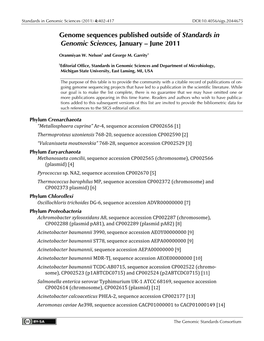 Genome Published Outside of SIGS, January – June 2011 Methylovorus Sp