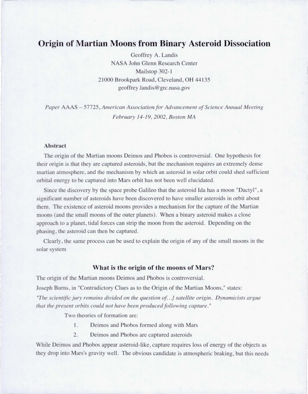 Origin of Martian Moons from Binary Asteroid Dissociation Geoffrey A