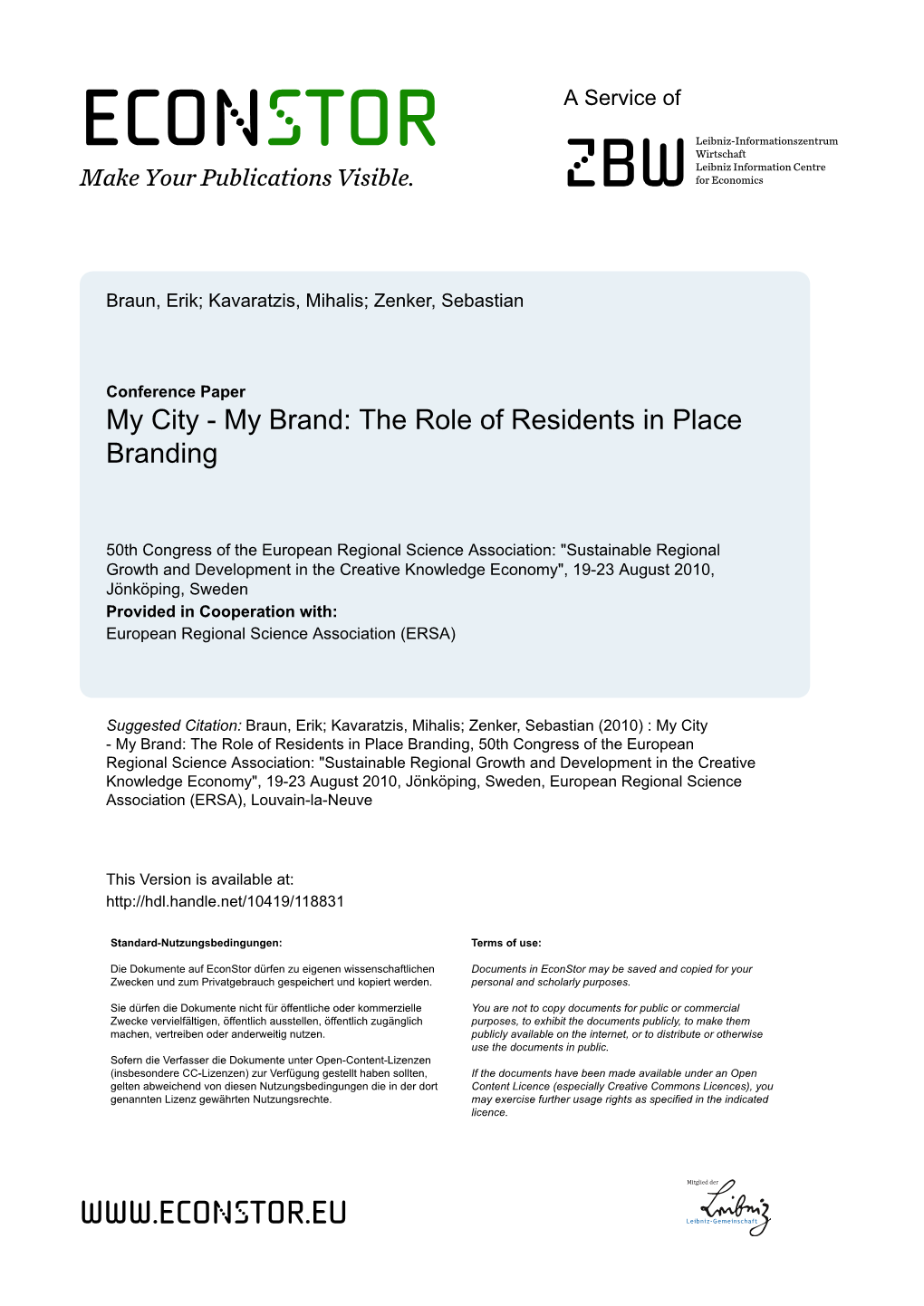 My City - My Brand: the Role of Residents in Place Branding