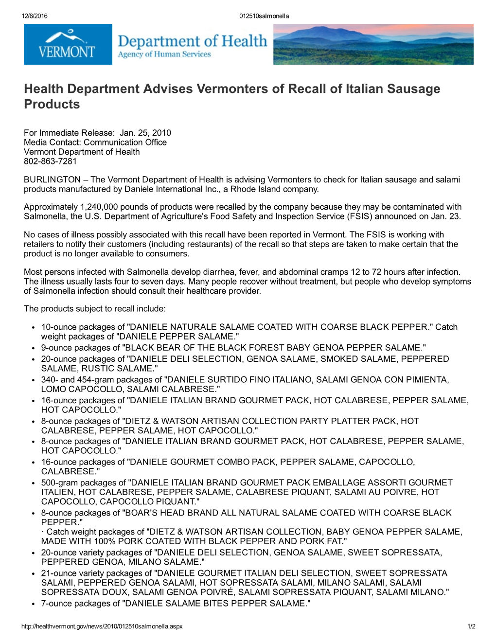 Health Department Advises Vermonters of Recall of Italian Sausage Products