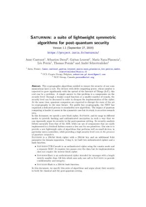 Saturnin: a Suite of Lightweight Symmetric Algorithms for Post-Quantum Security Version 1.1 (September 27, 2019)