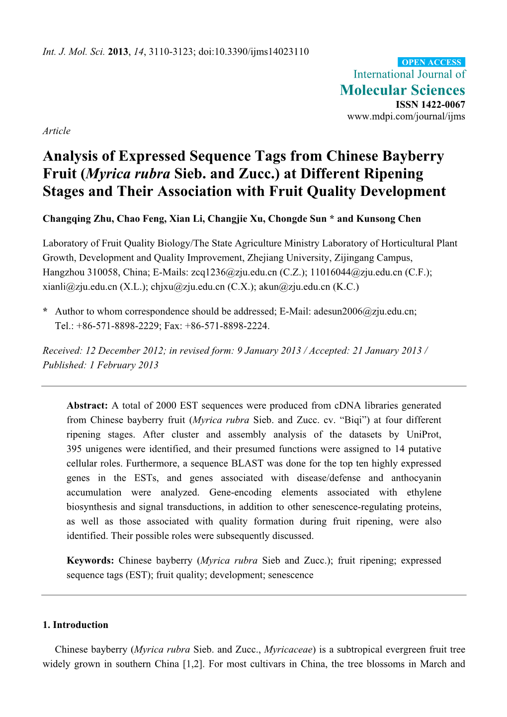 Analysis of Expressed Sequence Tags from Chinese Bayberry Fruit (Myrica Rubra Sieb