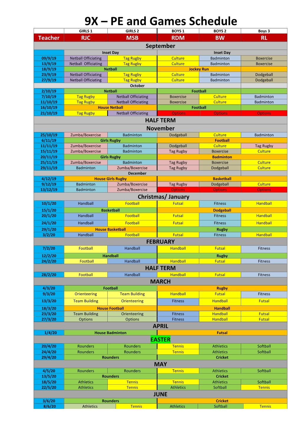 9X – PE and Games Schedule