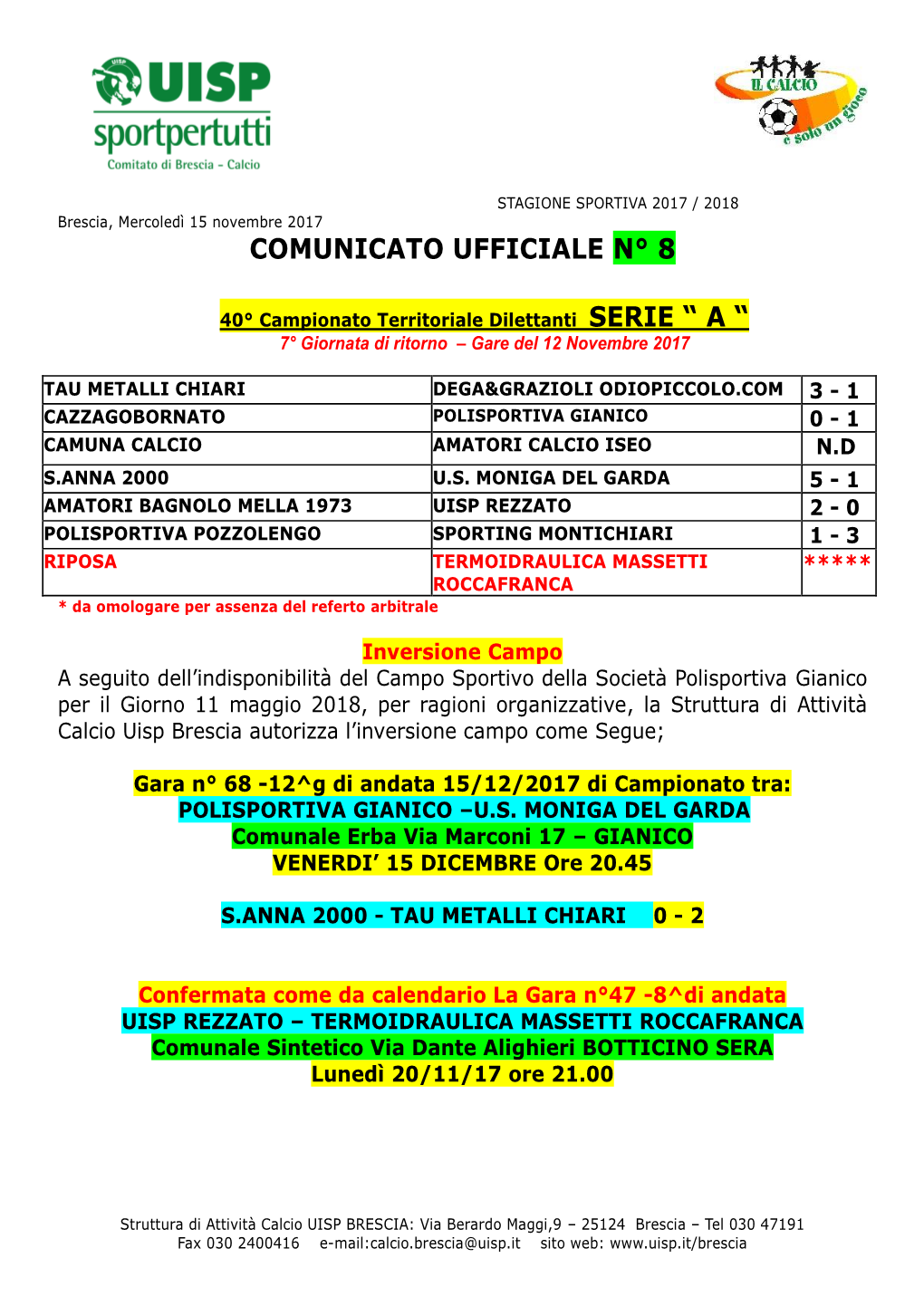 Comunicato Ufficiale N° 8