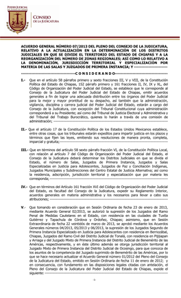 Acuerdo General Número 07/2013 Del Pleno Del Consejo De La Judicatura