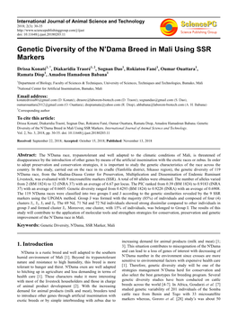 Genetic Diversity of the N'dama Breed in Mali Using SSR Markers