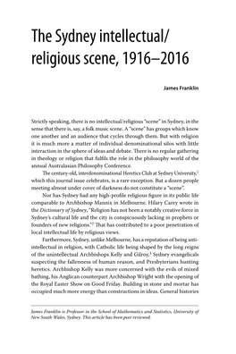 The Sydney Intellectual/ Religious Scene, 1916–2016