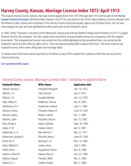 Harvey County, Kansas, Marriage License Index 1872-April 1913