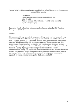 1 Female Labor Participation and Demographic Dividend in Sub-Saharan Africa: Lessons from Asia and Latin America Keita Ohashi (