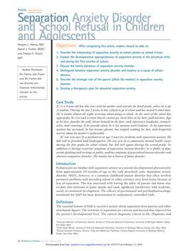 Separation Anxiety Disorder and School Refusal in Children and Adolescents Gregory L