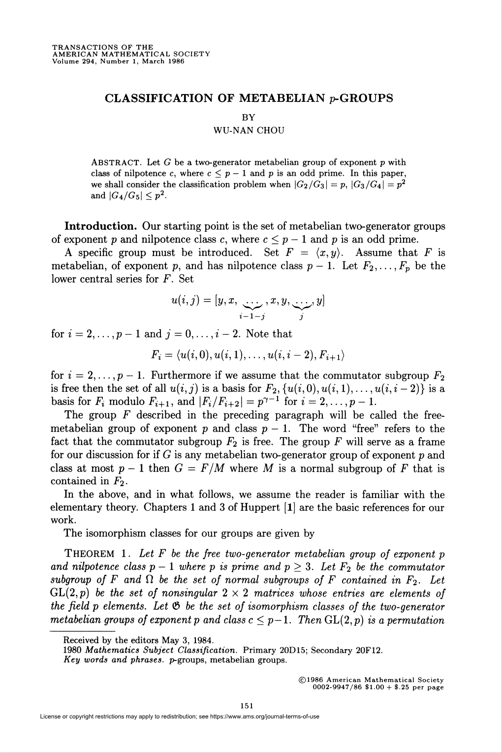 CLASSIFICATION of METABELIAN P-GROUPS by WU-NAN CHOU