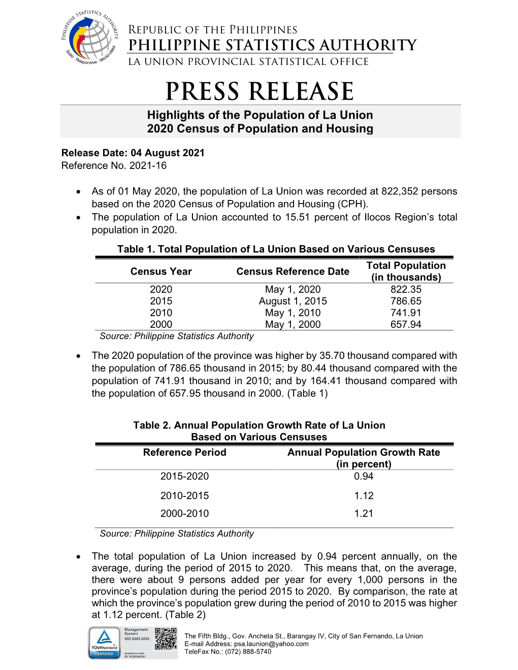 PRESS RELEASE Highlights of the Population of La Union 2020 Census of Population and Housing