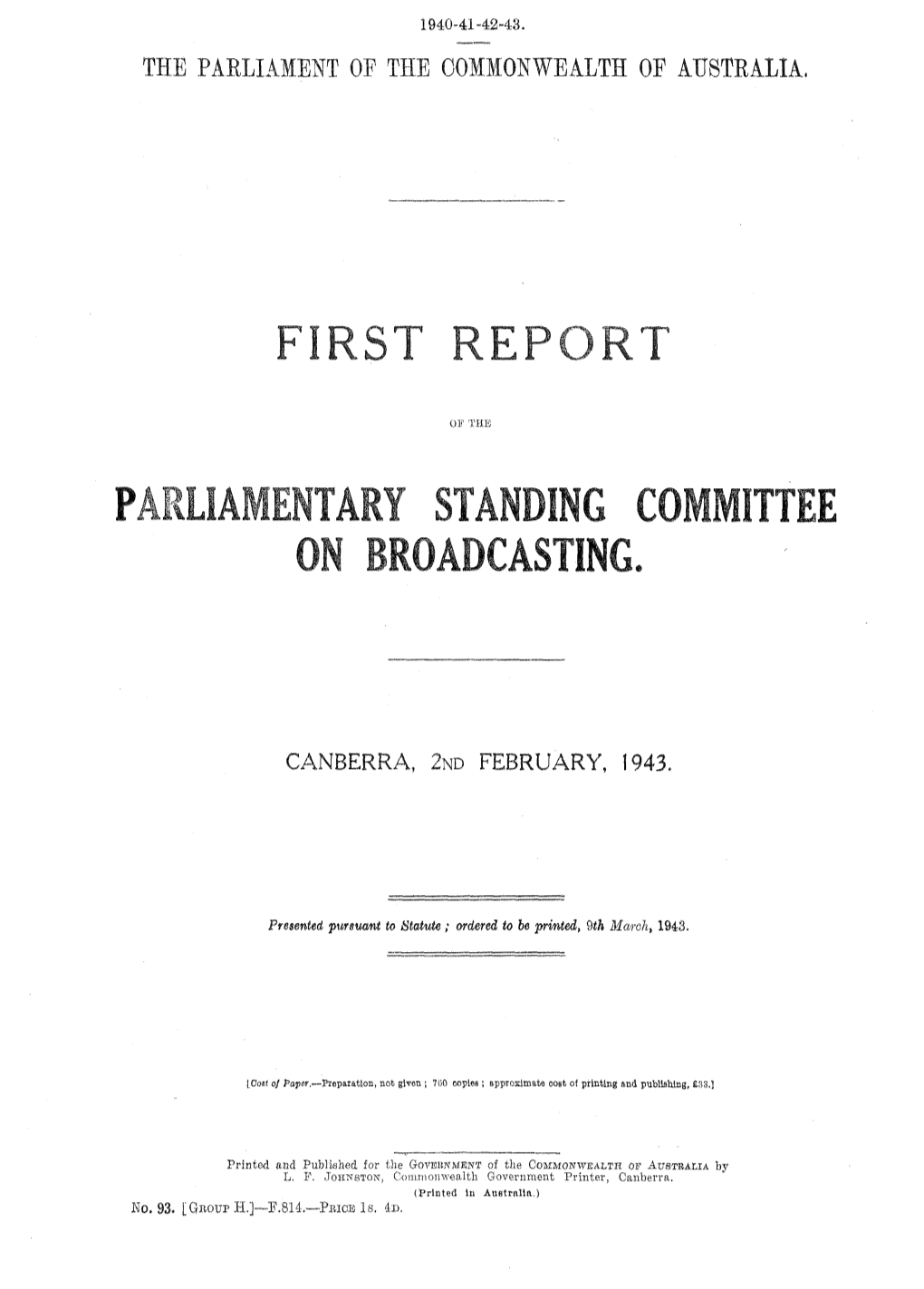 The Parliament of the Commonwealth of Australia, Canberra, 2Nd February, 1943