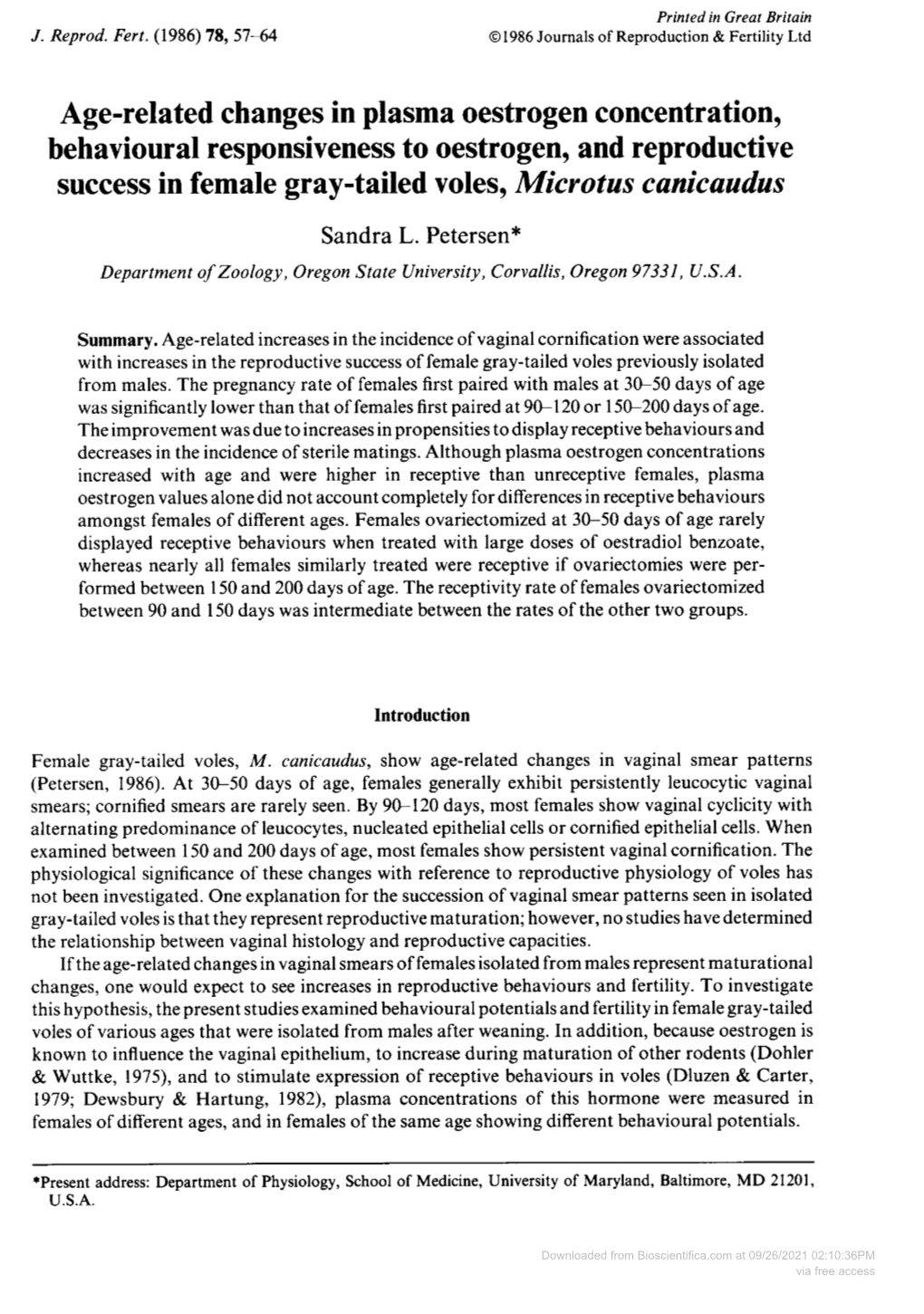 Behavioural Responsiveness to Oestrogen, and Reproductive Success in Female Gray-Tailed Voles, Microtus Canicaudus Sandra L