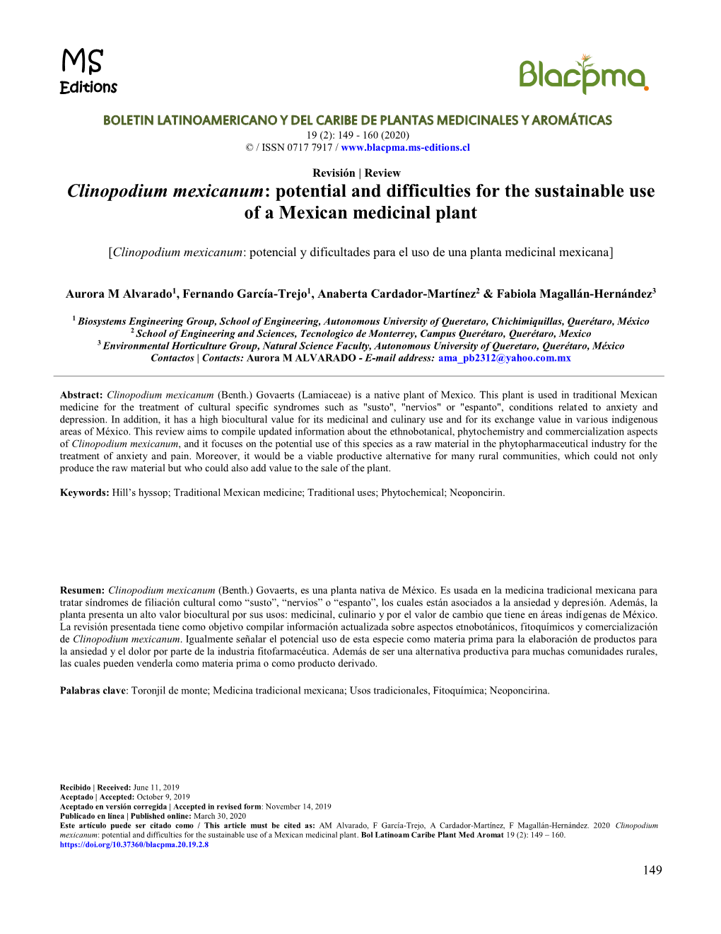 Clinopodium Mexicanum: Potential and Difficulties for the Sustainable Use of a Mexican Medicinal Plant