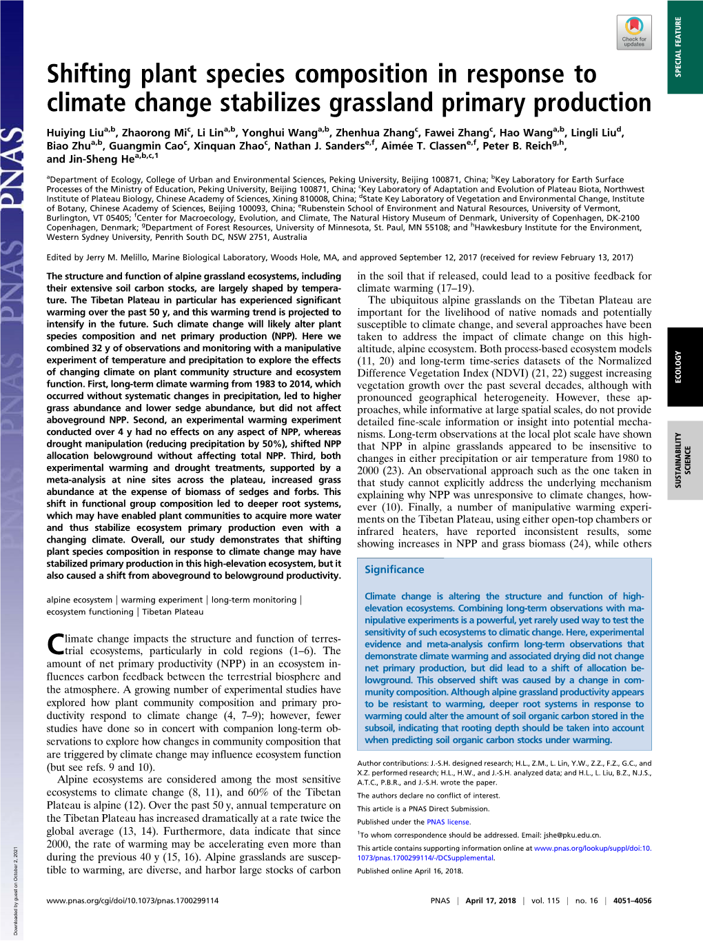 Shifting Plant Species Composition in Response to Climate Change Stabilizes Grassland Primary Production