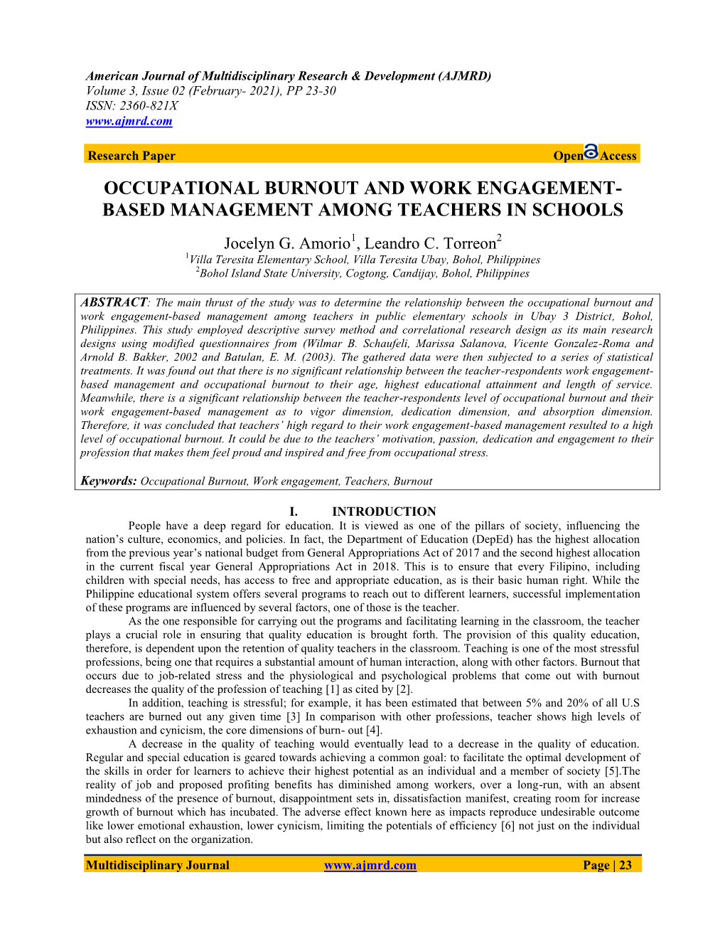 Occupational Burnout and Work Engagement- Based Management Among Teachers in Schools