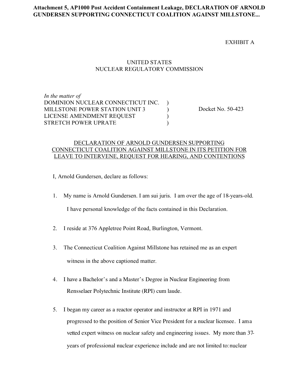 Gundersen Declaration Dominion Millstone 3-15-08, Page 2 of 31