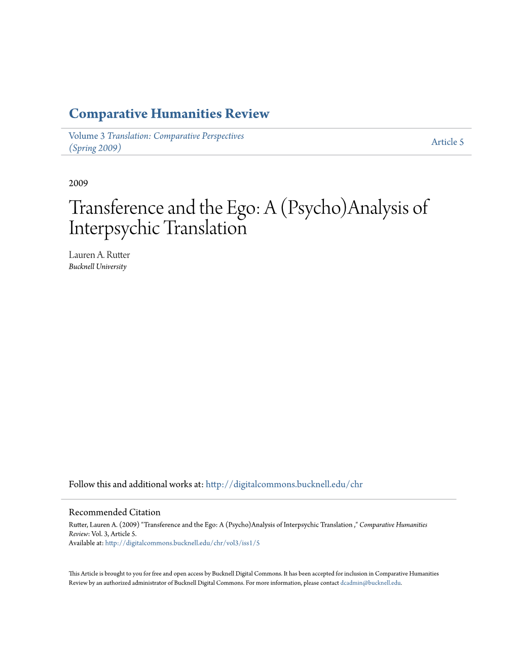 Transference and the Ego: a (Psycho)Analysis of Interpsychic Translation Lauren A