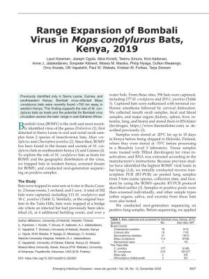 Range Expansion of Bombali Virus in Mops Condylurus Bats, Kenya, 2019 Lauri Kareinen, Joseph Ogola, Ilkka Kivistö, Teemu Smura, Kirsi Aaltonen, Anne J