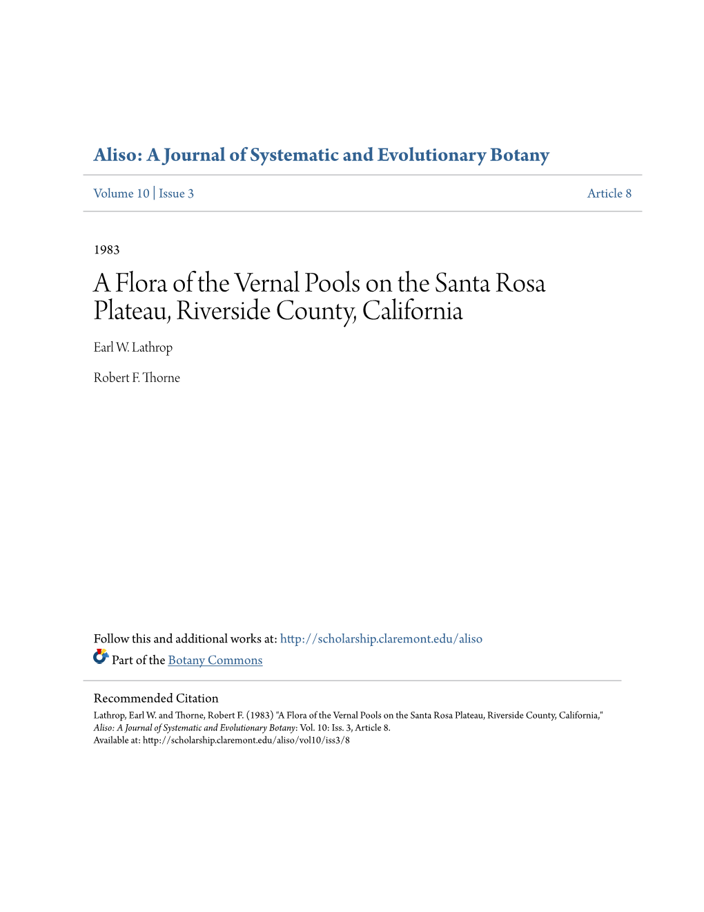 A Flora of the Vernal Pools on the Santa Rosa Plateau, Riverside County, California Earl W