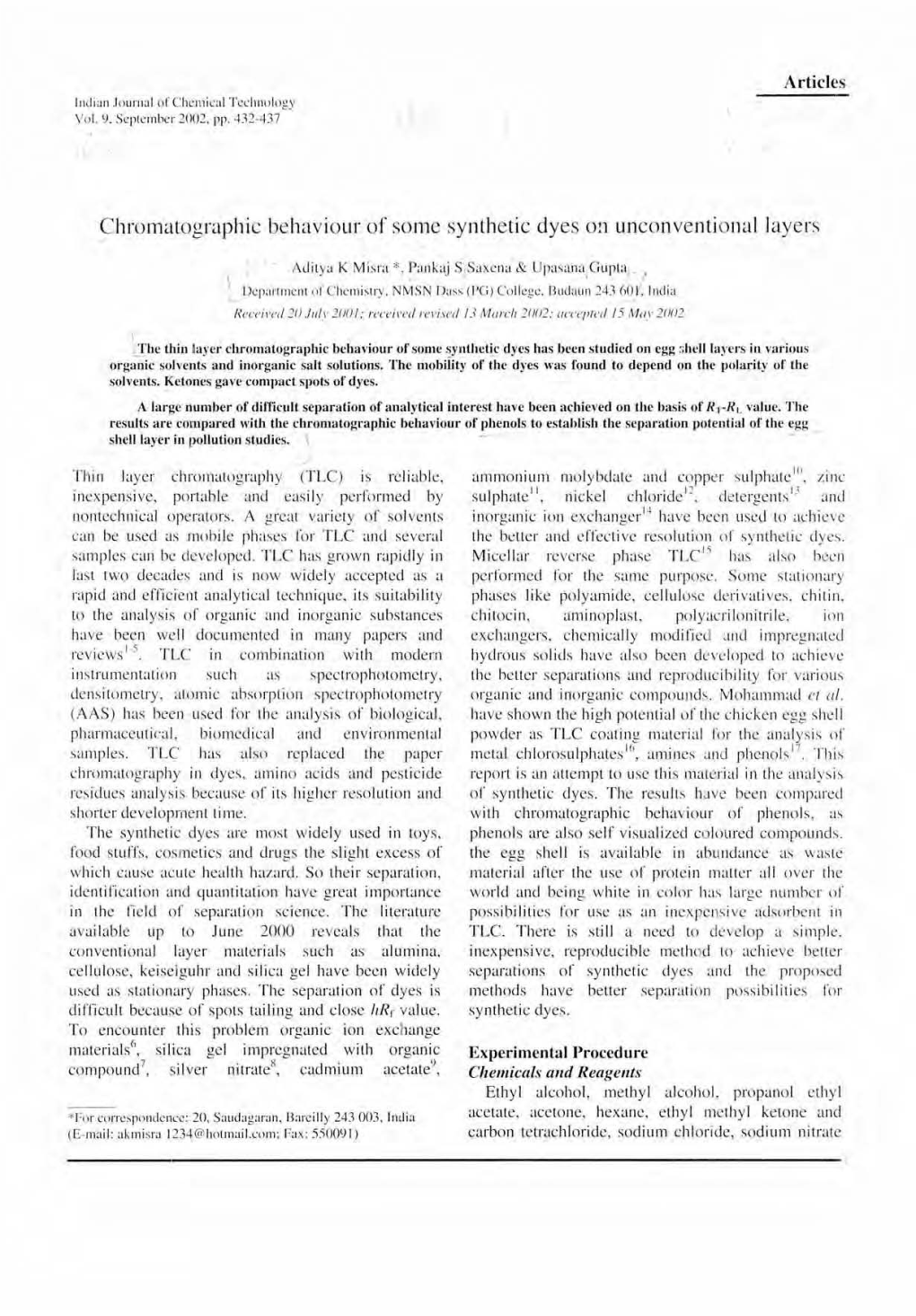 Chromatographic Behaviour of Some Synthetic Dyes O!