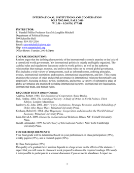 International Institutions and Cooperation Poli 7502:0001, Fall 2019 W 2:30 – 5:20 Pm, 177 Sh