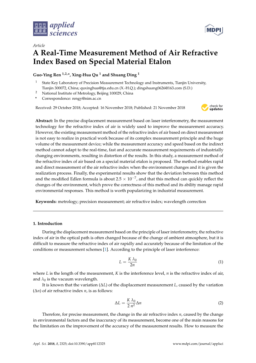 A Real-Time Measurement Method of Air Refractive Index Based on Special Material Etalon