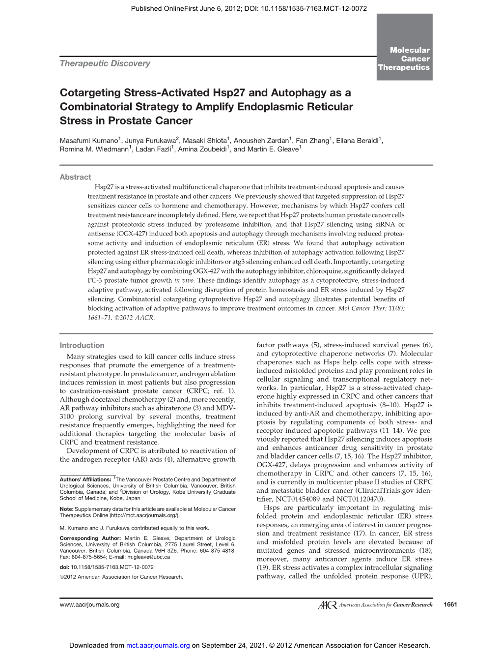 Cotargeting Stress-Activated Hsp27 and Autophagy As a Combinatorial Strategy to Amplify Endoplasmic Reticular Stress in Prostate Cancer