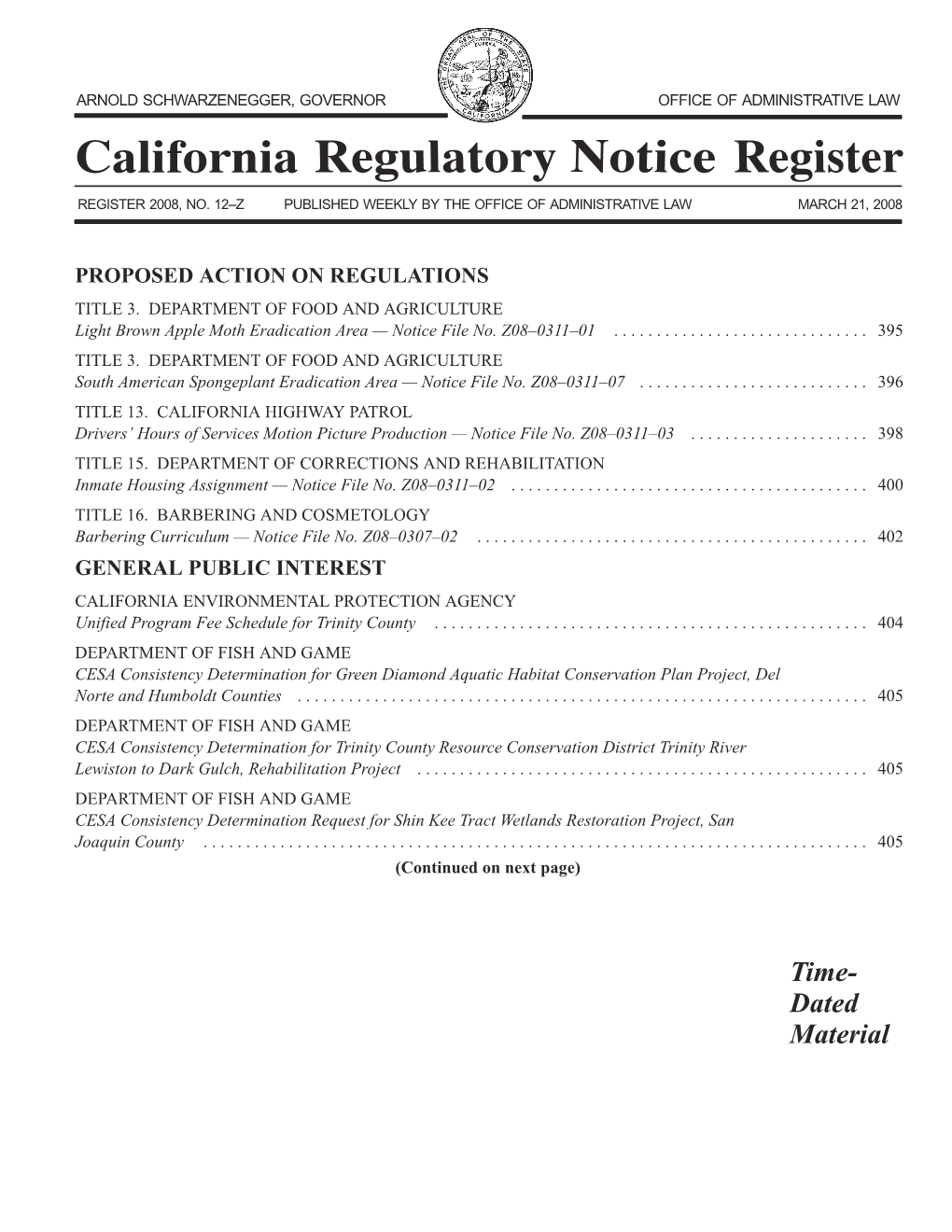 California Regulatory Notice Register 2008, Volume No. 12-Z