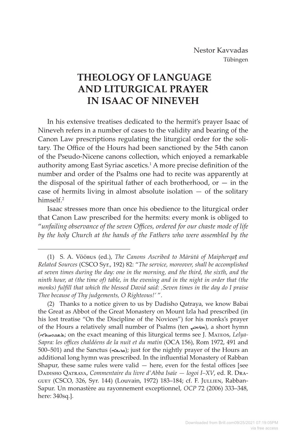Theology of Language and Liturgical Prayer in Isaac of Nineveh