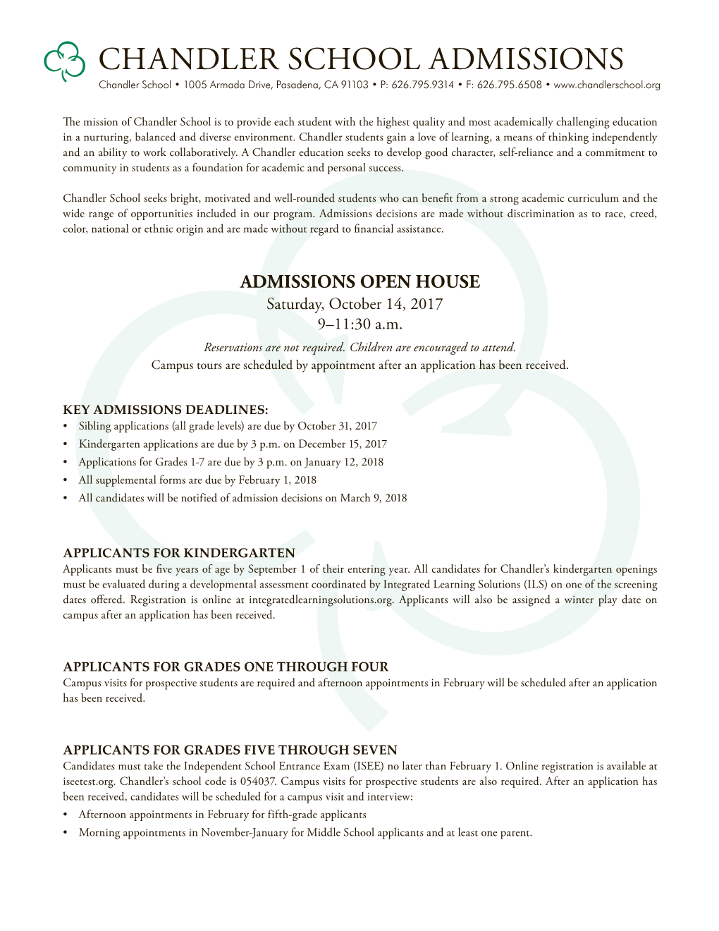 CHANDLER SCHOOL ADMISSIONS Chandler School • 1005 Armada Drive, Pasadena, CA 91103 • P: 626.795.9314 • F: 626.795.6508 •