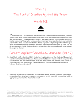 Week 11 the Lord of Creation Against His People Micah 1-2 Threats