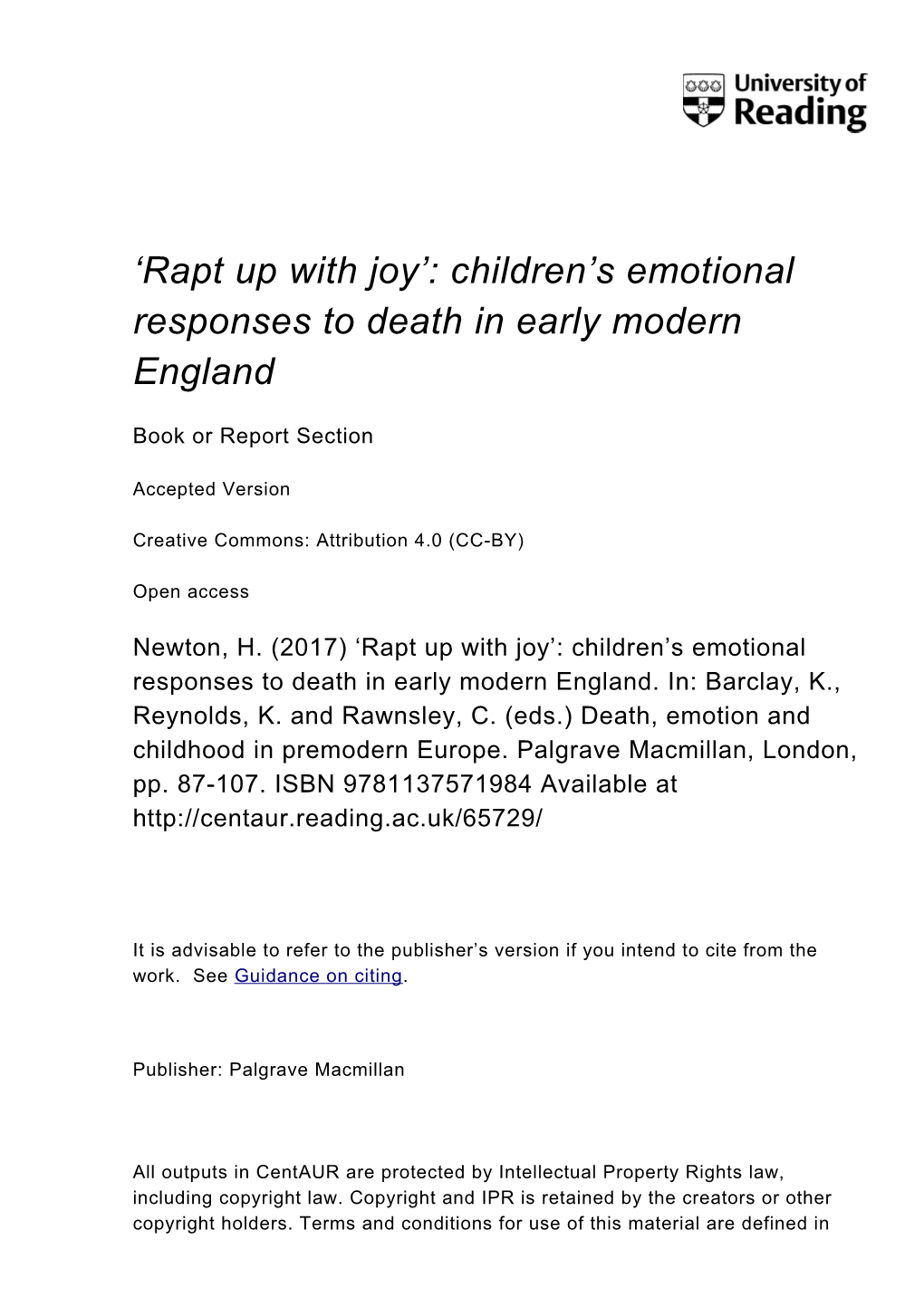 'Rapt up with Joy': Children's Emotional Responses to Death in Early Modern