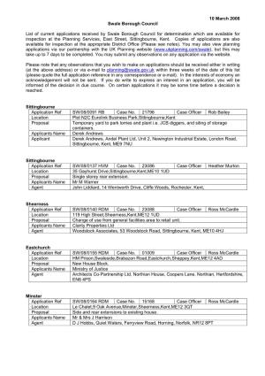 10 March 2008 Swale Borough Council List of Current Applications