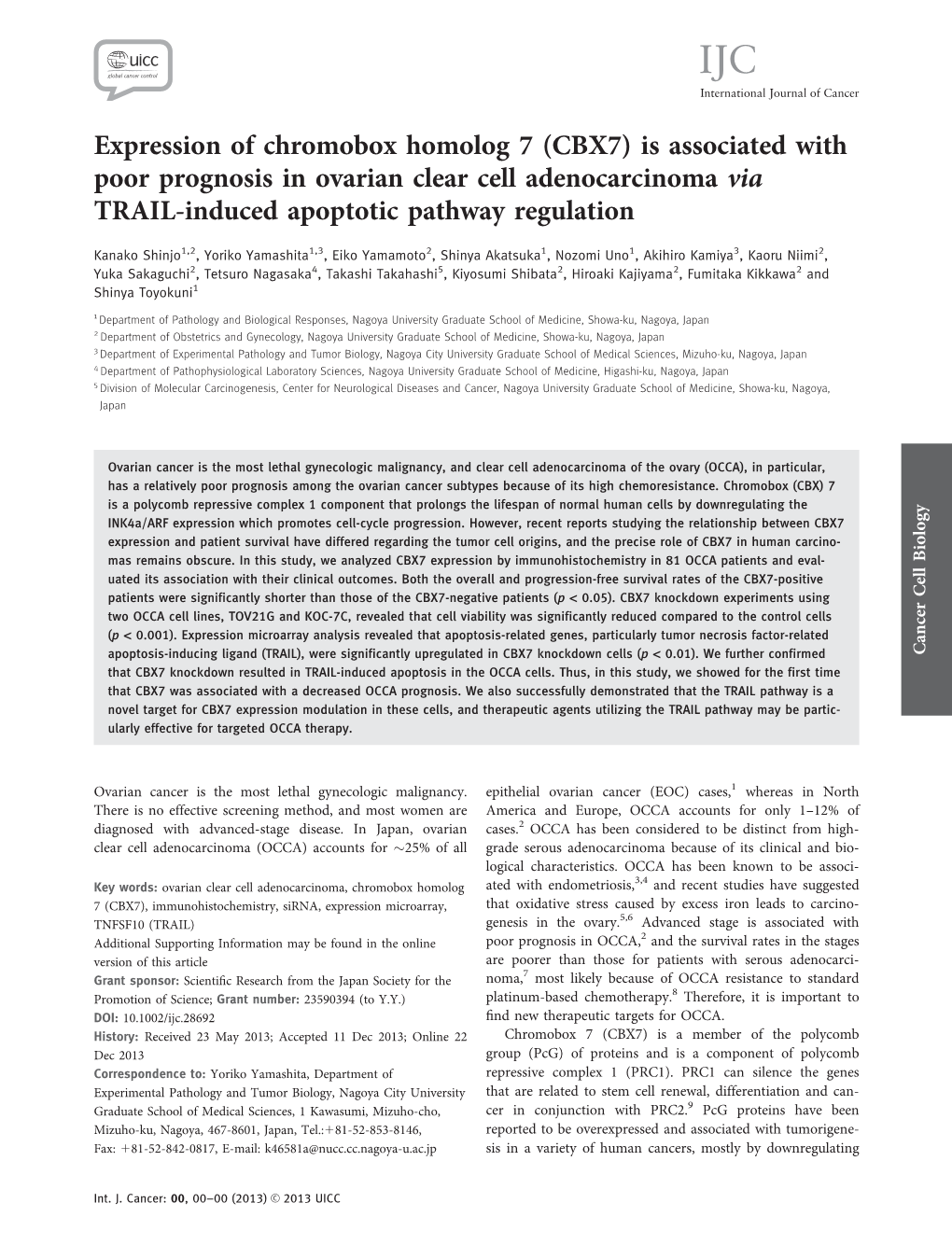 Is Associated with Poor Prognosis in Ovarian Clear Cell Adenocarcinoma Via TRAIL-Induced Apoptotic Pathway Regulation