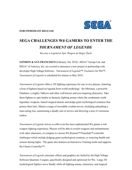 SEGA CHALLENGES Wii GAMERS to ENTER the TOURNAMENT of LEGENDS
