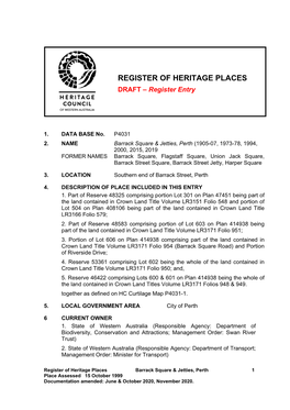 REGISTER of HERITAGE PLACES DRAFT – Register Entry