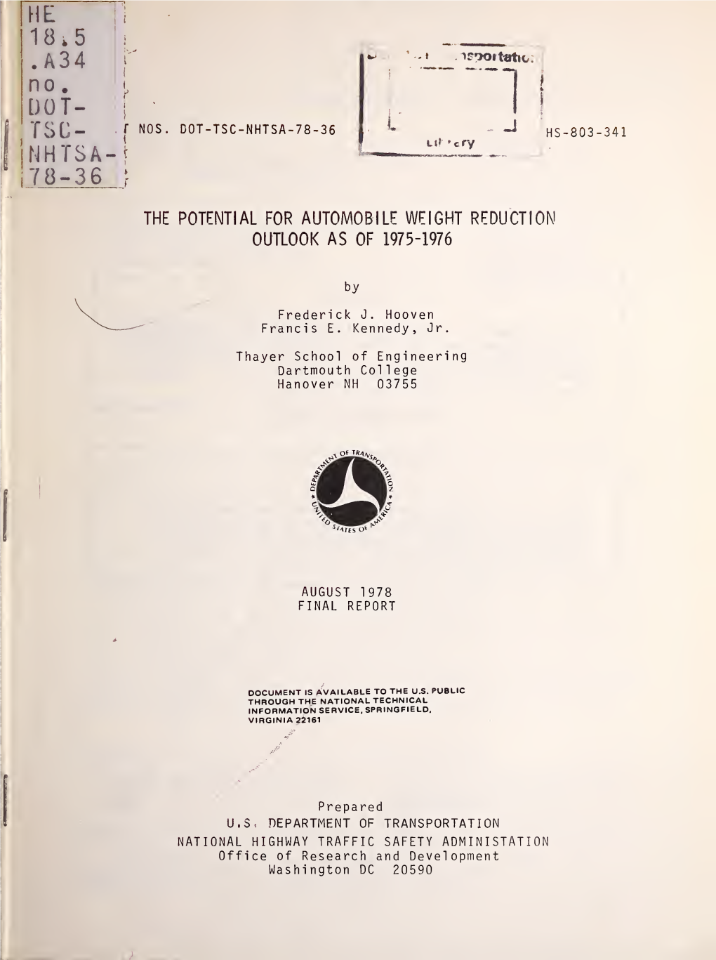 The Potential for Automobile Weight Reduction Outlook As of 1975-1976