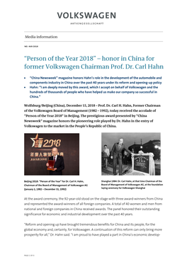 “Person of the Year 2018” – Honor in China for Former Volkswagen