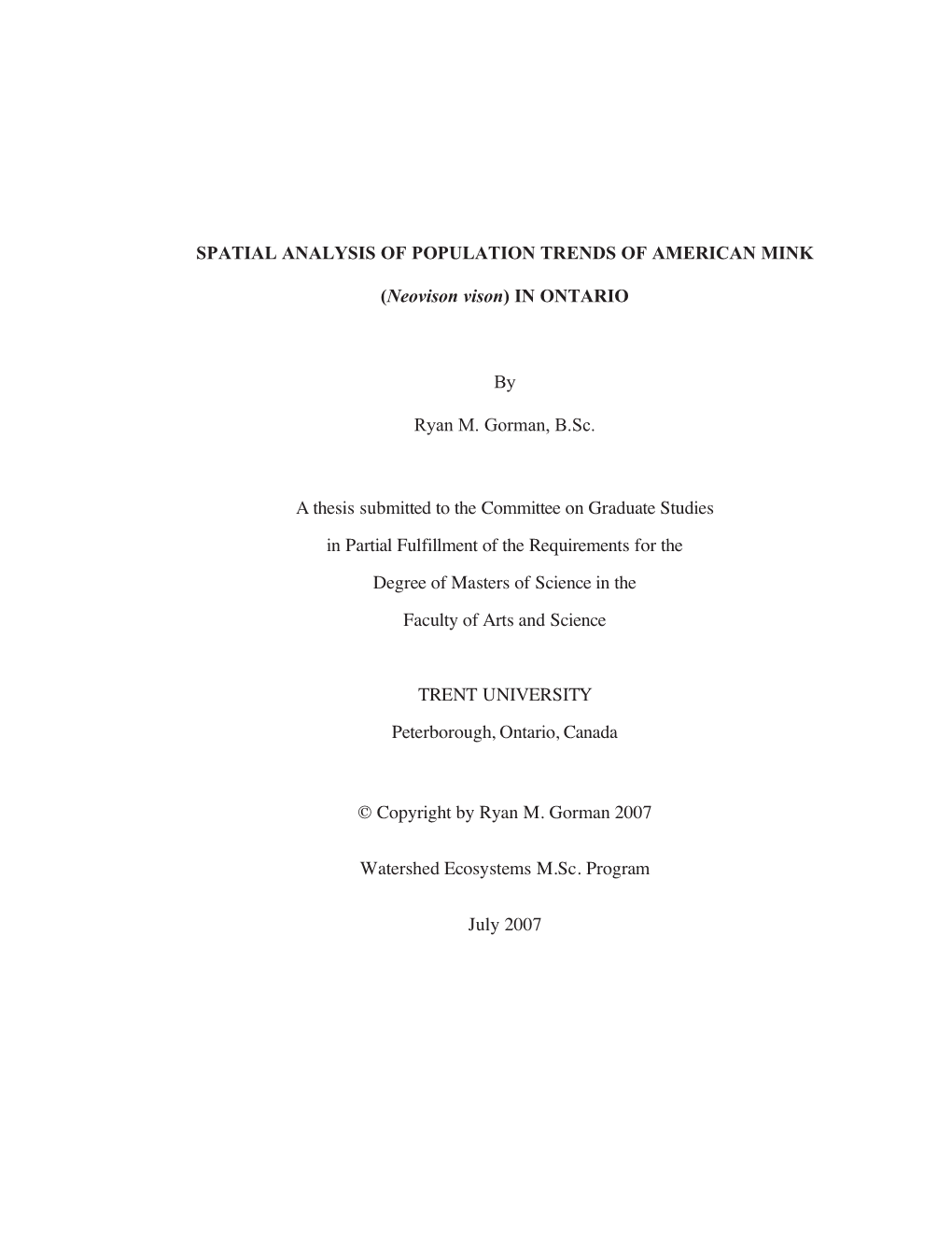 Spatial Analysis of Population Trends of American Mink (Neovison Vison) in Ontario