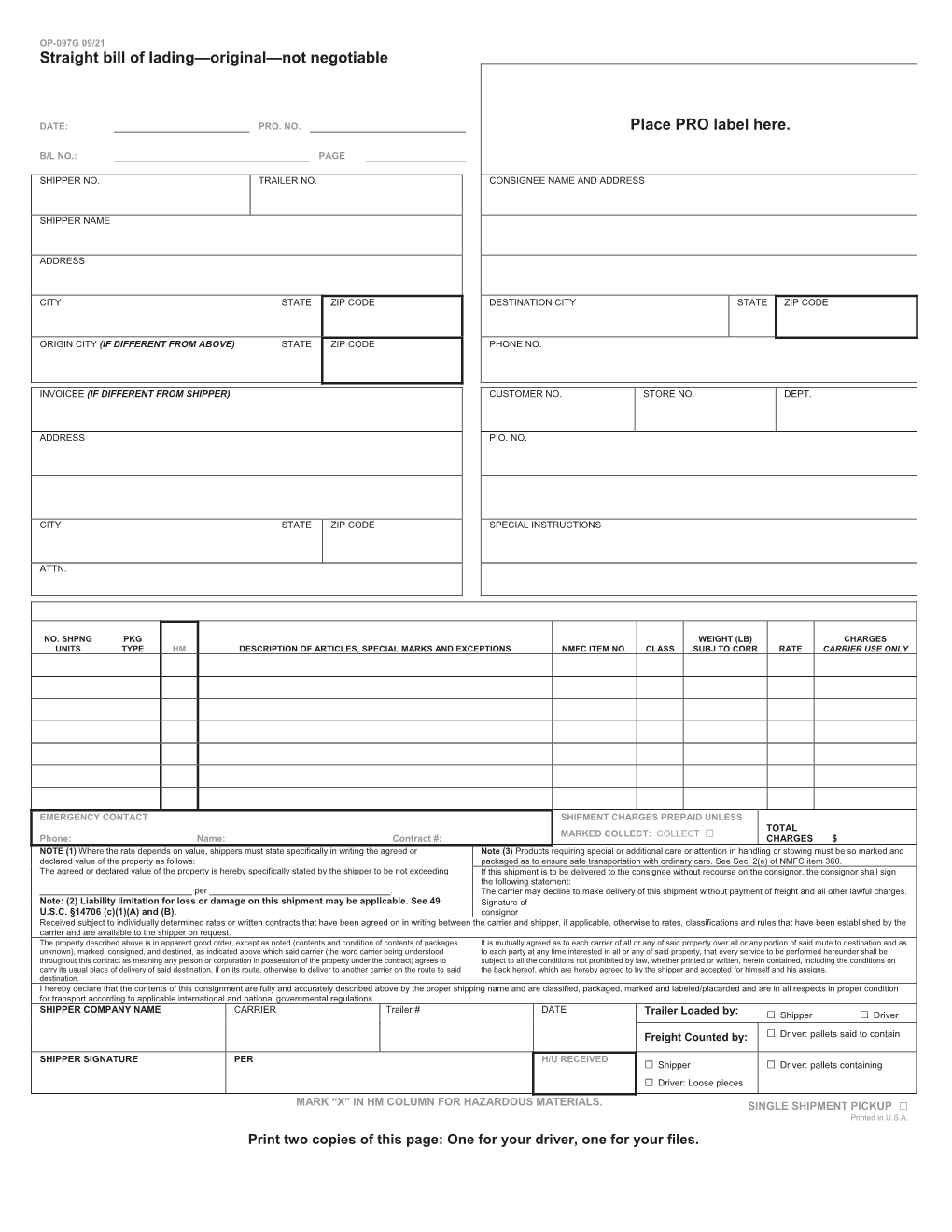 Straight Bill of Lading—Original—Not Negotiable Place PRO Label Here