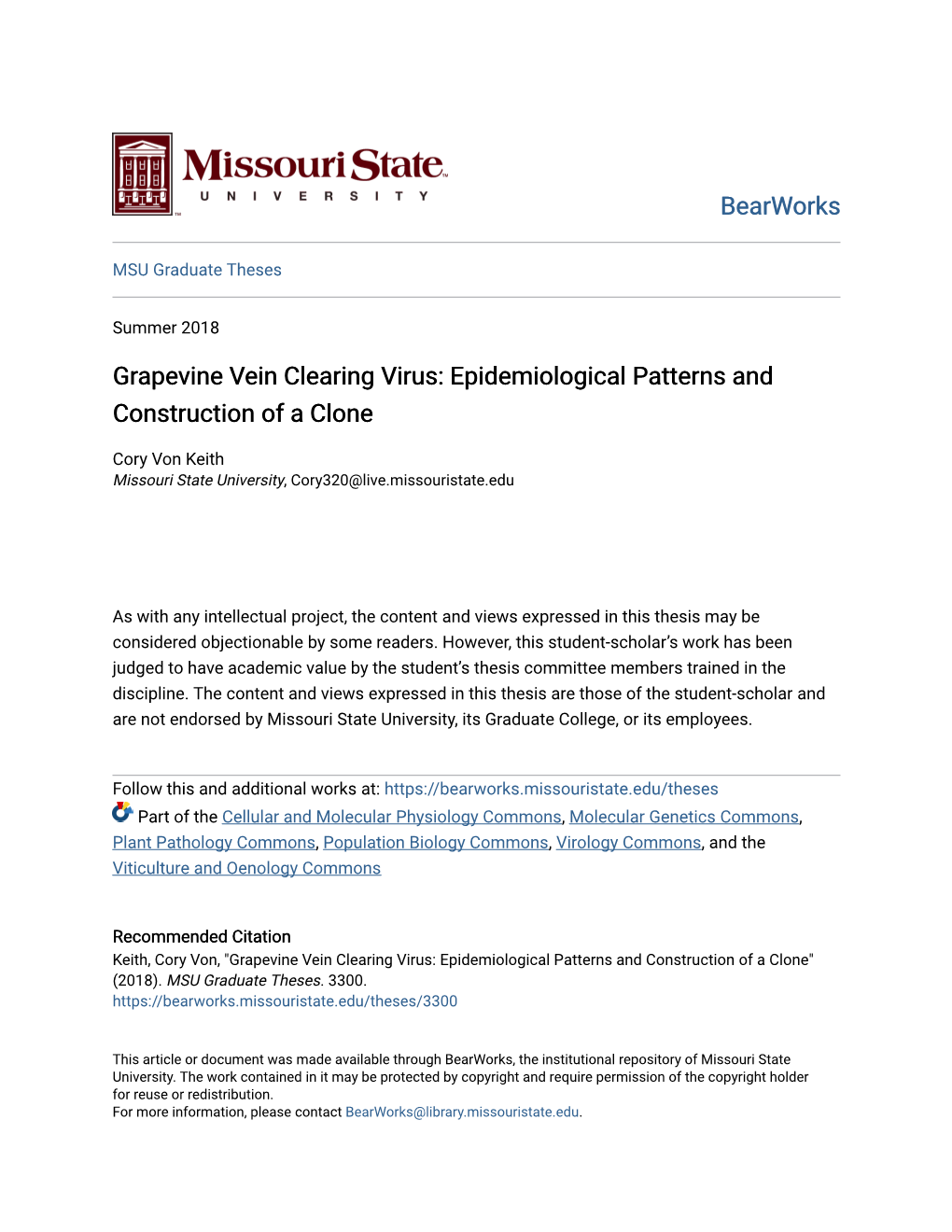 Grapevine Vein Clearing Virus: Epidemiological Patterns and Construction of a Clone