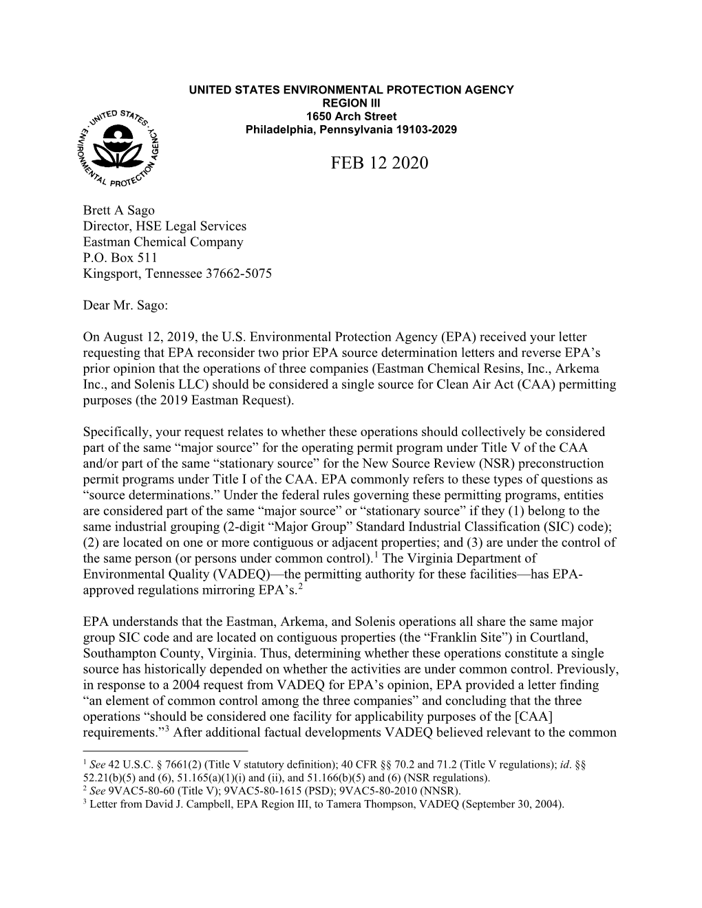 EPA's Response to Eastman Chemical Company's Request That