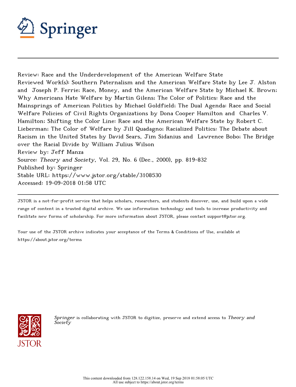 Race and the Underdevelopment of the American Welfare State Reviewed Work(S): Southern Paternalism and the American Welfare State by Lee J