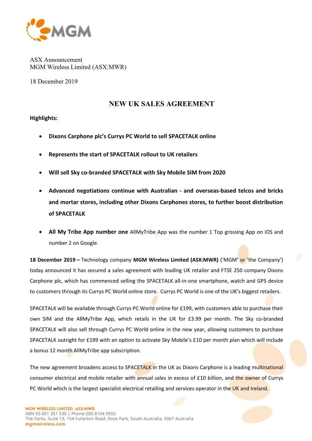 New Uk Sales Agreement