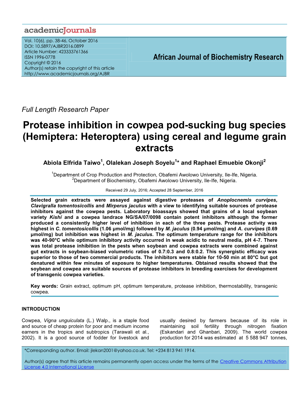 Protease Inhibition in Cowpea Pod-Sucking Bug Species (Hemiptera: Heteroptera) Using Cereal and Legume Grain Extracts